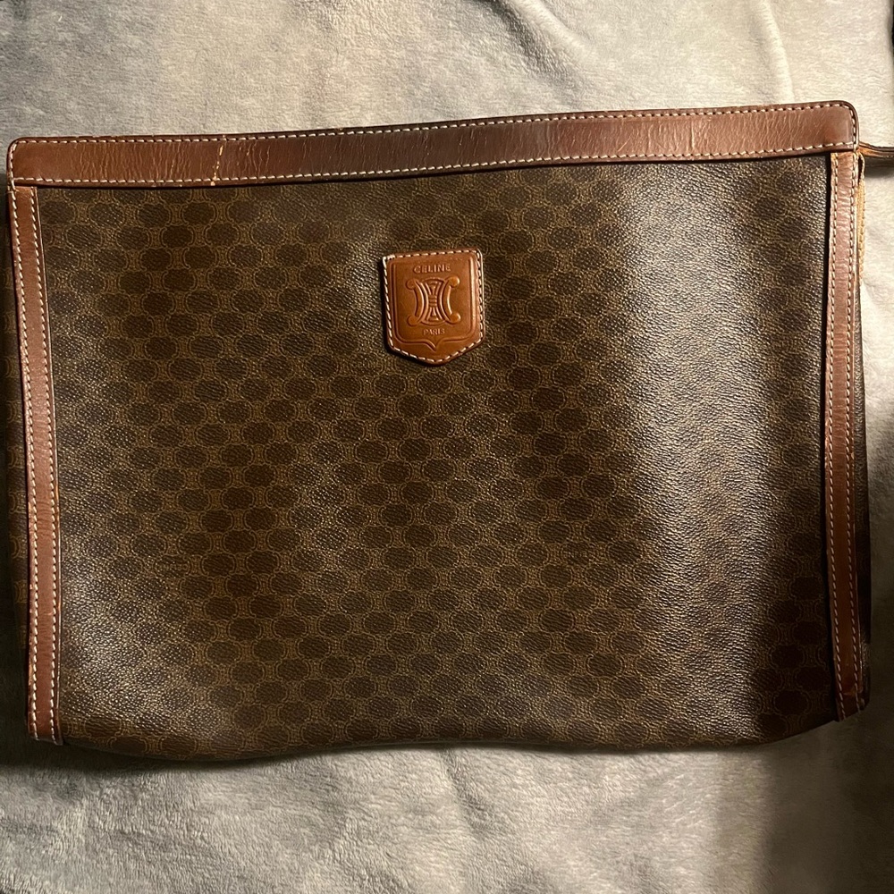 Celine Macadam brown coated canvas clutch with leather trim